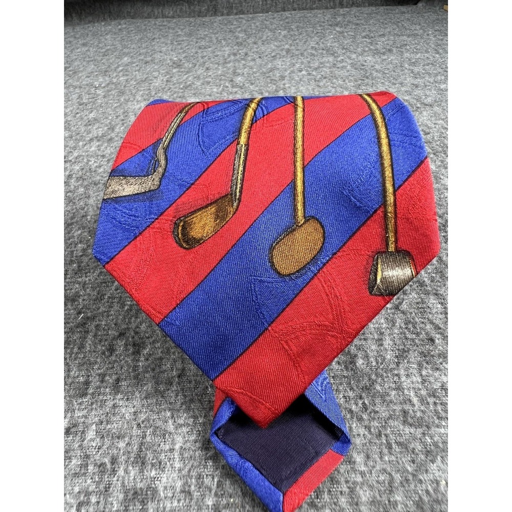 Golf Clubs Tie Mens One Size Red Blue Striped Silk Golf Novelty USA Necktie